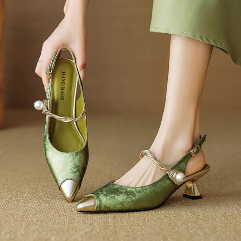 Women Summer Pointy Toe Low Heel Buckle Sandals Party Pumps