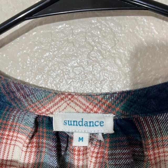 Catálogo Sundance Top Mujer Franela Mediana Azul Naranja Cuadros BOHO Dobladillo Crudo Foto 3 de 4