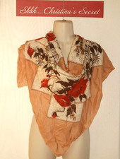 VINTAGE 40s 50s Silk Scarf Wrap Red Poppies Hand Rolled Edge Large Square Peach