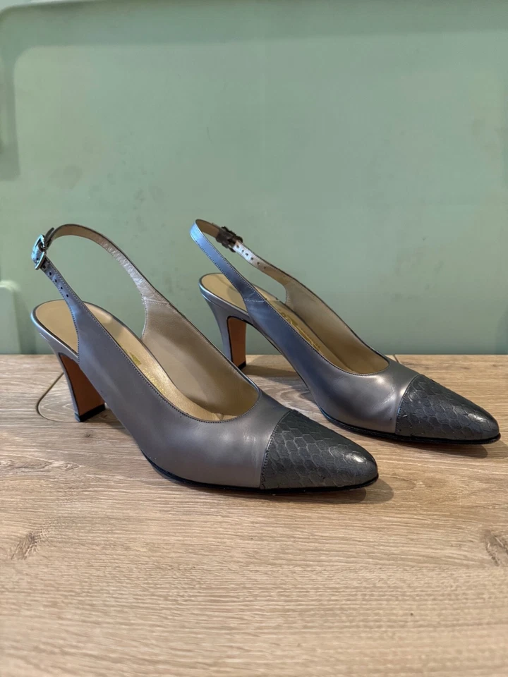 Винтажные серебристые/серые кожаные туфли на каблуке Salvatore Ferragamo размер 8 - Изображение 2 из 4