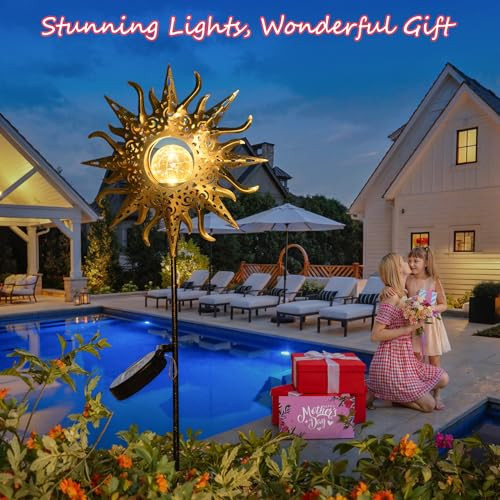 Large Sun Solar Garden Decor Lights Outdoor Garden Gifts Mom Dad, Crackle - Picture 3 of 7