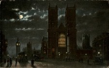 Westminster Abbey night full moon London England vintage postcard r578