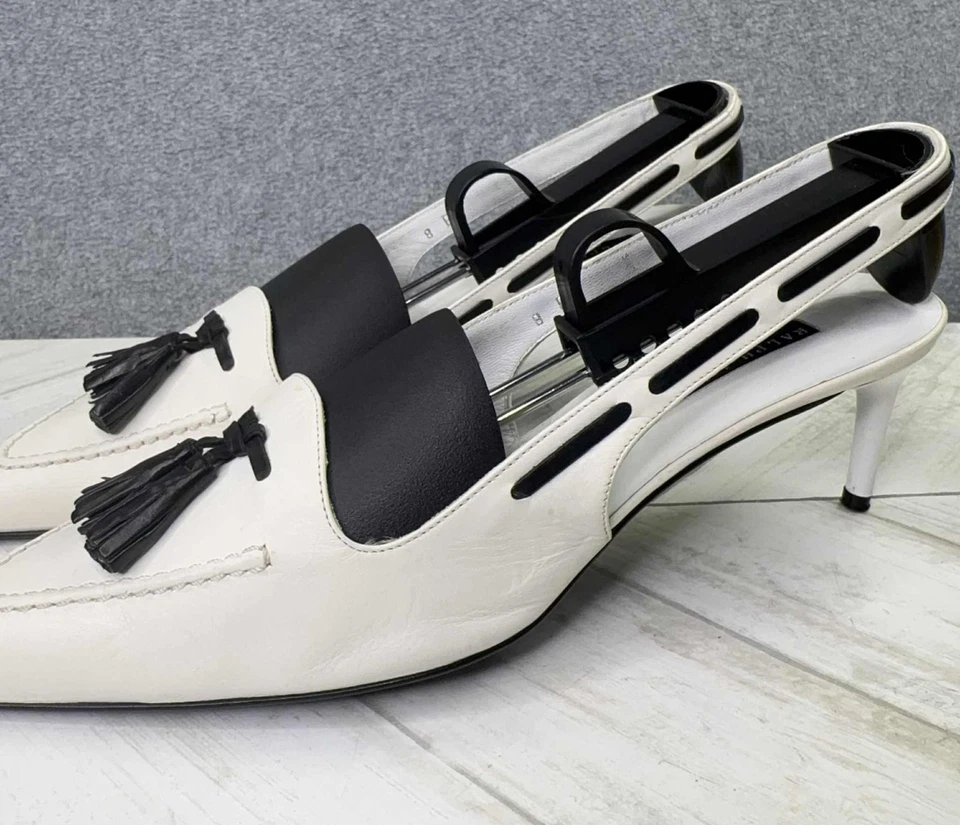 Ralph Lauren Purple Label Slingback Pump Kitten Heels White Black Tassel Size 8 - Image 3 of 4
