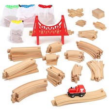 Wooden Train Tracks 60 Piece Set, Track Expansion Accessories for Toddlers 3-...