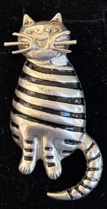 Large Sterling Silver Black Enamel Cat Pin Pendant 2 1/4 Inch 19 Grams