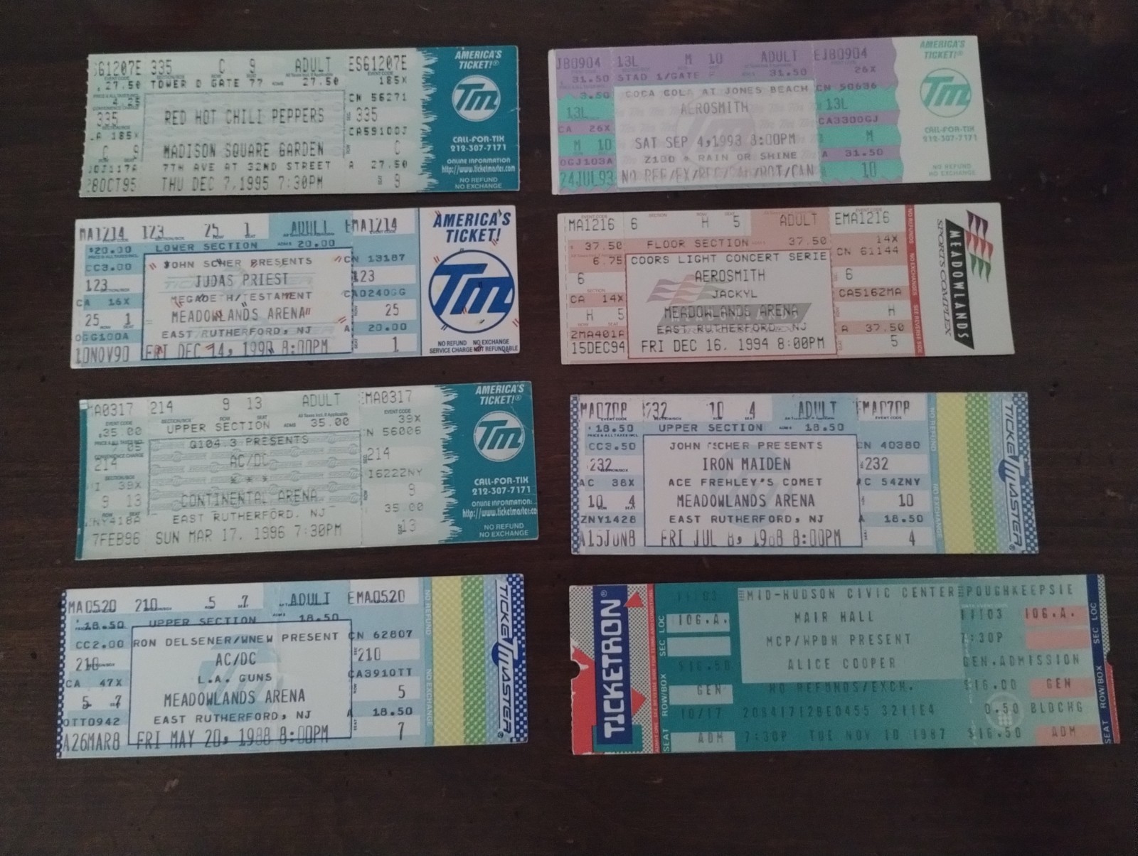 Vintage concert tickets 1987-1996 lot of 8 great condition all full tickets.