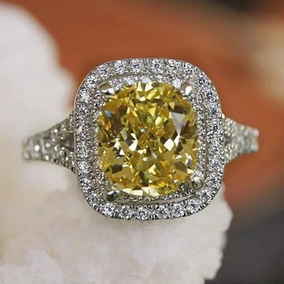 3.70 Ct Cushion Cut Natural Yellow Sapphire Diamond Ring 14K White Gold Size 7