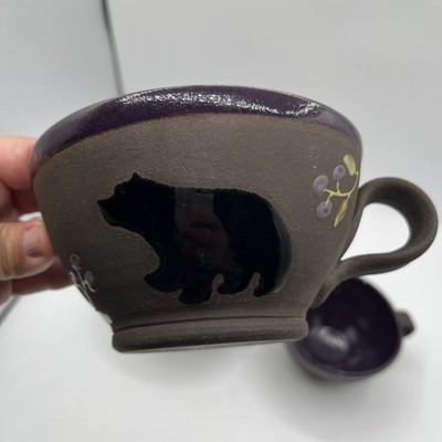 3 Boot Hill Pottery Black Bear Blueberry Mug 5'' Soup Cup Latte Bowl Rustic Lodge