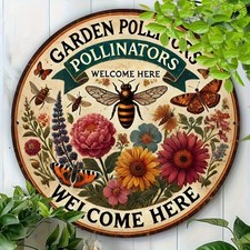  2D Flat Vintage Garden Pollinator Tin Metal Signs - 8x8 Inch Round Rustic Bee