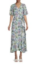 J McLaughlin Floral Wrap Dress Blue Silk Blend Midi Boho Cottagecore M