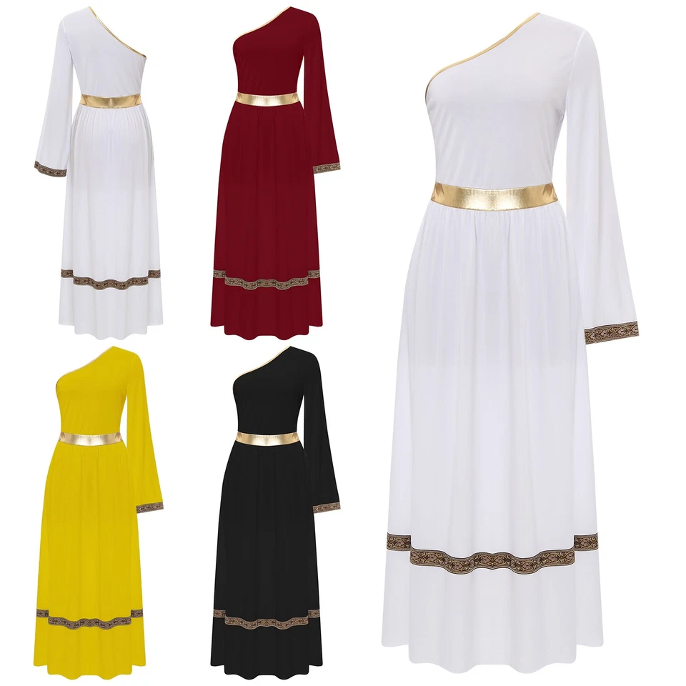 Women Roman Toga Dress Praise Dance Costume Halloween One Shoulder Long Sleeve - Image 3 of 4