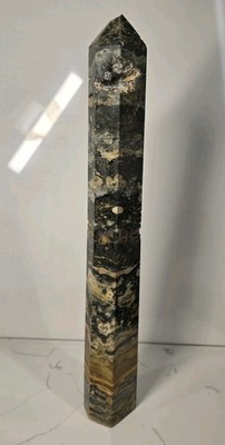 Silver/Gray Leaf Jasper, Black Silk Stone Obelisk Tower 2 Lb 8.3 Oz 13.5''