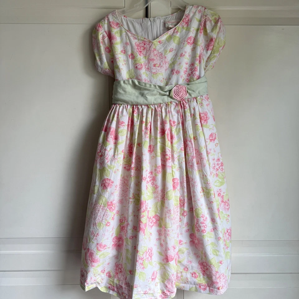 Hartstrings Vintage Classic Floral Dress Party Tea Dress Green Sash Rose Size 5 - Image 3 of 4