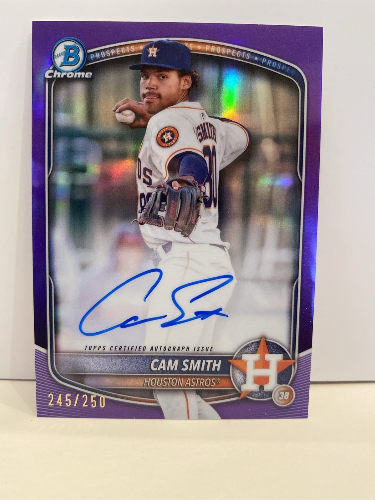 2025 Topps Bowman Chrome Prospects Purple #CPA-CSM Cam Smith Auto 250 Astros