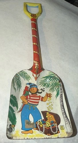 J. Chein Tin Lithograph Pirate 14” Sand Shovel Vintage! Parrot Treasure Chest!