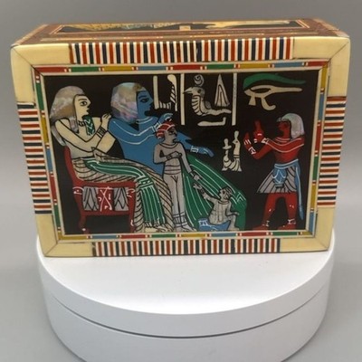 Egyptian Handmade Wood Trinket Box Mother of Pearl MOP Inlay Velvet Lining Vtg