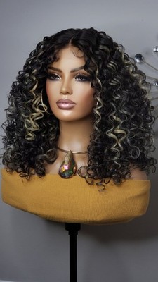 New Curly Afro Style Lace Front Wig Black Blonde Highlights Hair Womens Fashion