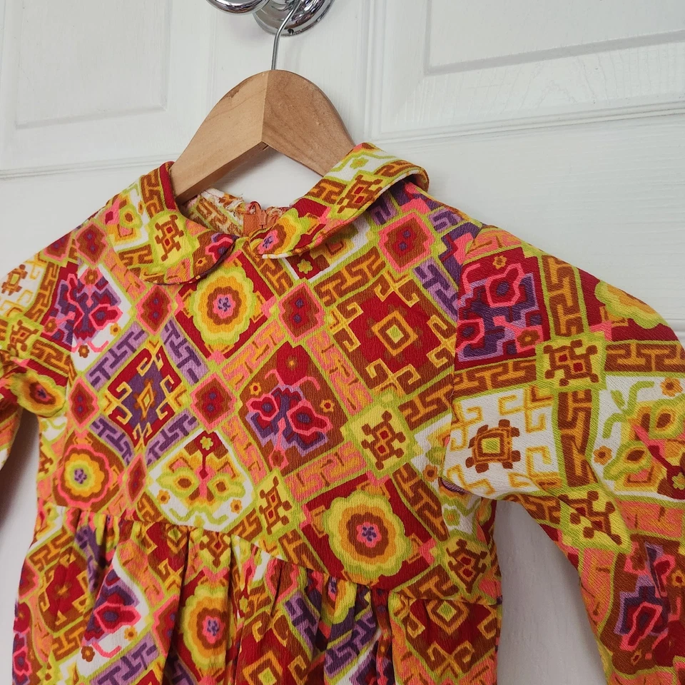 Vestido Vintage Niñas Colorido Manga Larga Años 60 70 Hecho a Mano Cremallera Trasera Estampado Retro Foto 2 de 4