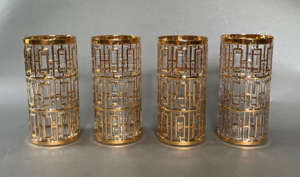 4 MCM Imperial Glass Shoji Trellis 22K Gold Highball Tumblers Bar Glasses