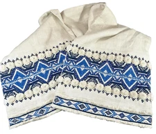 Christmas Embroidered Table Runner FRONTGATE 72"x14" Linen Blue White NEW w/Tag