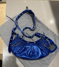 Balenciaga Metallic Blue Leather Crescent Shoulder Bag Heart Charm + Dust Bag