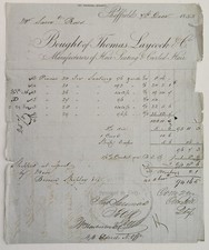 1855 antique THOMAS LAYCOCK & CO INVOICE sheffield CURLED HAIR SEATING customs 