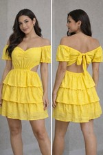 Forever 21 Yellow Mini Dress Cut Out Ruffle Puff Sleeve Sweetheart Size M Summer