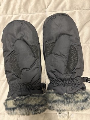 Eddie Bauer Black Winter Mittens Size S Lined Polyester Faux Fur Trim Cuff