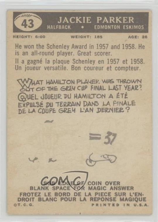 1959 Topps CFL Jackie Parker #43 - Image 2 of 2