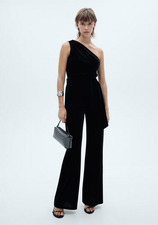 NWT MANGO MNG 100 BLACK VELVET BELTED ONE SHOULDER JUMPSUIT SZ M MEDIUM