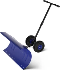 Snow Pusher with Wheels, 29.5" T-Shape Snow Shovel, Adjustable Angle & Height