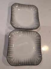 2 x Square Ceramic Appetizer Serving Plates / Dishes Grey Pattern & Black Edges