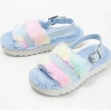 NWT Koolaburra by UGG Adj Slide Sandal Fuzz'd Out Pastel 10 Blue Multi Faux Fur