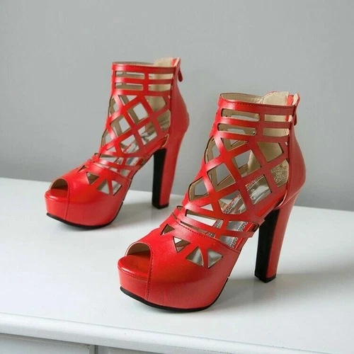 Sandalias de plataforma para damas Peep Toes tamaño grande bloque tacones altos zapatos huecos cremallera - Imagen 14 de 22
