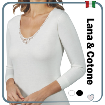 Maglia Intima Donna INVERNALE Lana e Cotone Maglietta Manica Lunga