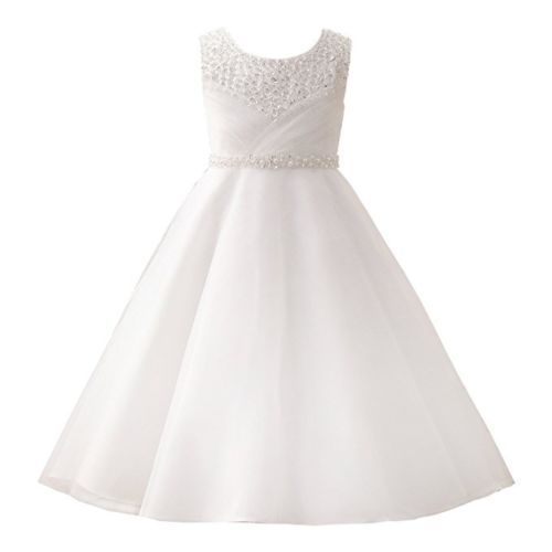 Fairy Girls' First Communion Organza Sequin Pearls Flower Girl Dresses - Picture 3 of 8