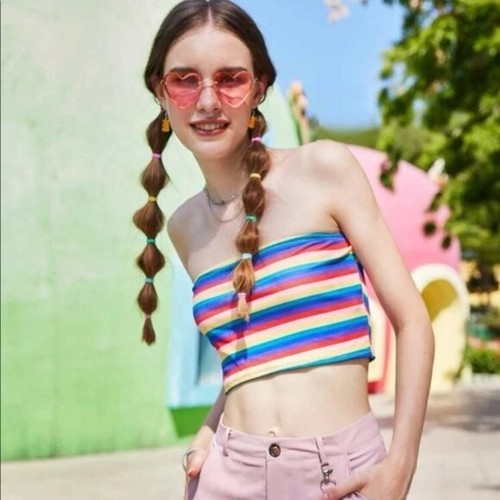 Romwe Regenbogen Röhrentop gestreift mehrfarbig Damen Large - Bild 5 von 7