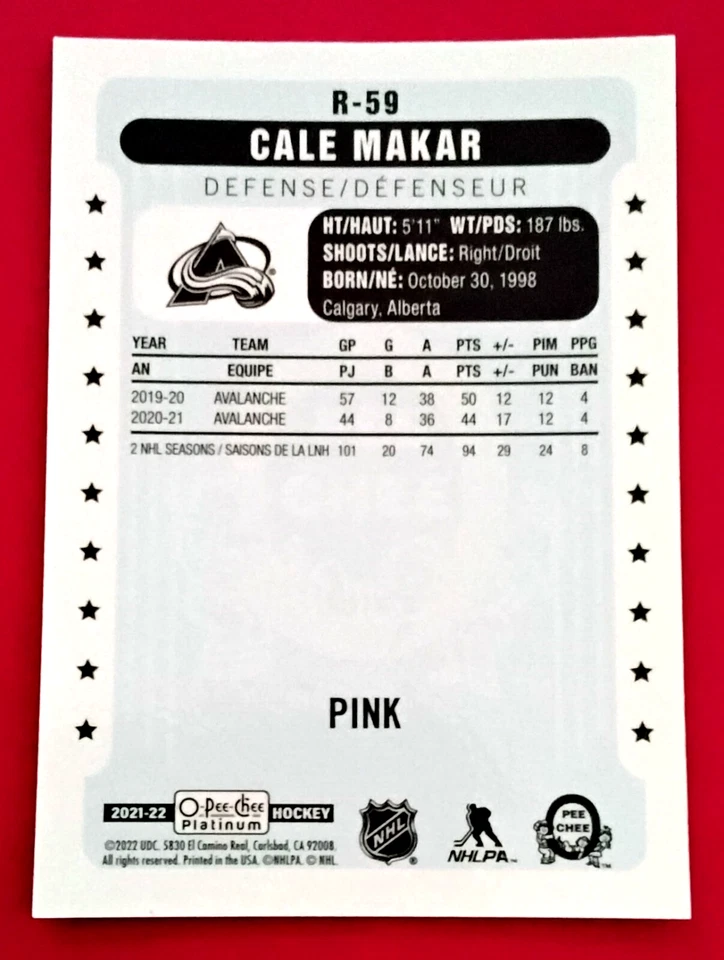 2021-22 CALE MAKAR Retro Pink Pulsar Colorado Avalanche R-59 O Pee Chee Platinum - Image 2 of 2