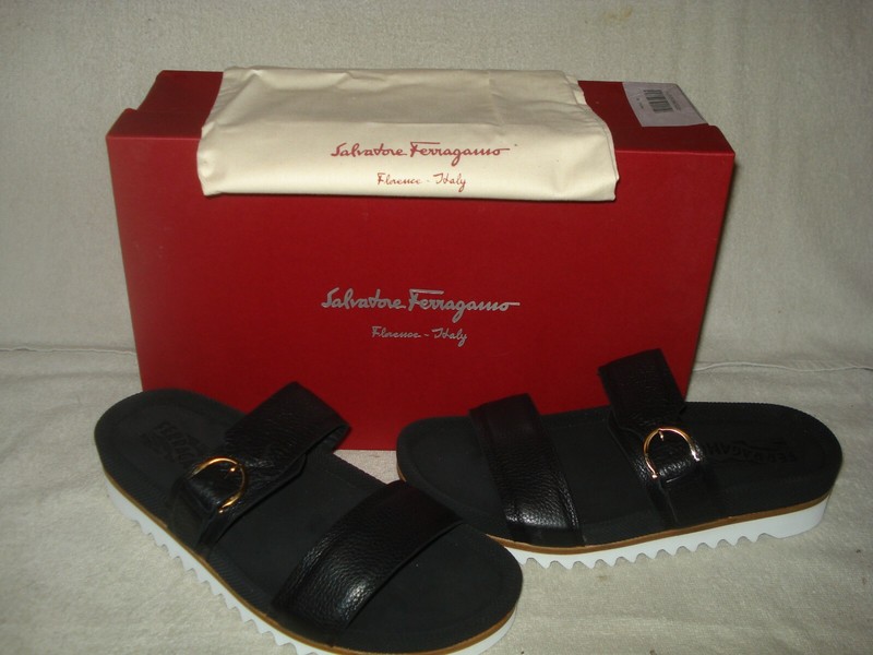 100% AUTHENTIC NEW MEN FERRAGAMO LOCK BLACK SLIDE LEATHER SANDALS US 7 D