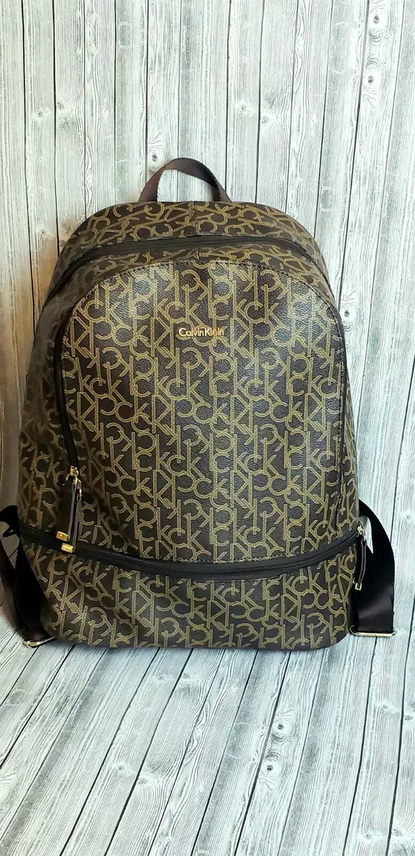 Calvin Klein Women's CK Signature Backpack Luggage Bag Brown Khaki Gold Logo