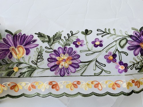 Floral Crewel Embroidered Trim/ White Tulle/Sewing/Craft/Bridal/7" Wide/Purple - Picture 6 of 12