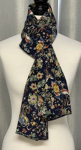 100% Mulberry Silk Scarf Crepe de Chine Navy Rainbow Birds & Flowers 50x185cm - Picture 4 of 8