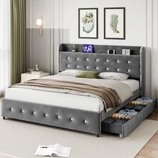 Full Bed Frame Platform with Diamond Tufted Headboard ,4 Storage Drawers Modern