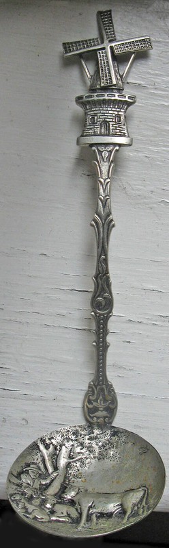 VINTAGE SILVER PLATE WINDMILL LADEL SPOON w/REPOUSSE FIGURAL FARMER & COW SCENE