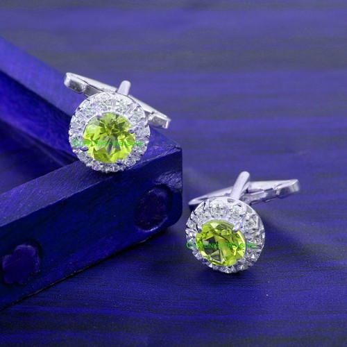 Natural Peridot & CZ Gemstones with 925 Sterling Silver Cufflinks For Men's #455 - Picture 5 of 9