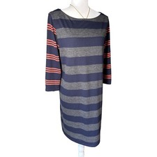 Ann Taylor Loft Dress Blue Gray Coral Striped Jersey Straight Knee; Size Medium