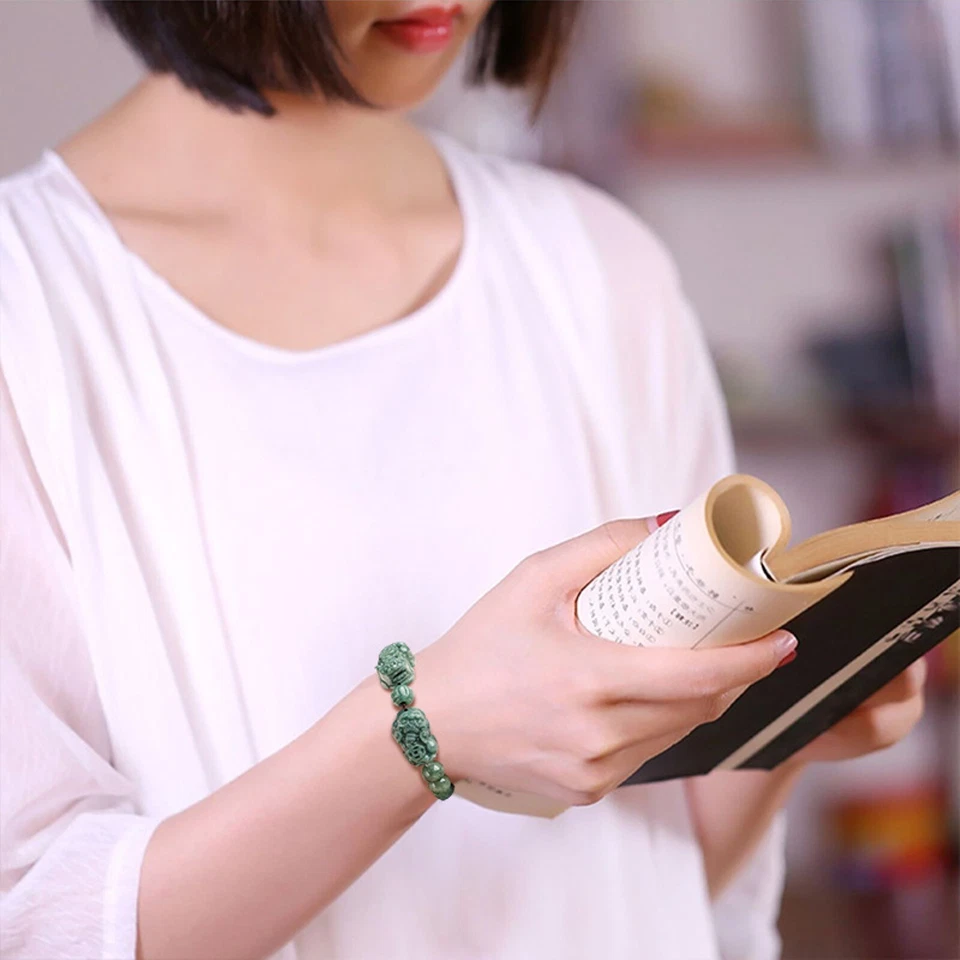 Brazalete de cuentas Pixiu moneda doble verde jadeíta grado A natural para mujer 10 mm Foto 4 de 4