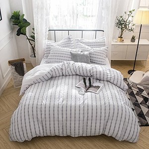 Lausonhouse Duvet Cover Set 3 Piece Cotton Seersucker Stripe Bedding Queen Gray  eBay