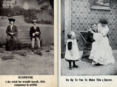 1907 Lot 2 Funny Suspense Risque Babysitter Secret Comic Postcard Zimmerman