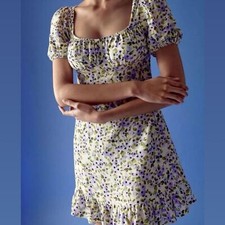 Zara Size XS Floral Print Lace Up Back Ruffle Hem Short Puff Sleeve Mini Dress